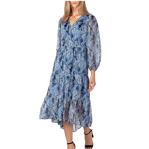 Joie Limited Edition Hi-Lo‎ Tiered Maxi Dress Size Large Blue Printed New - Picture 1 of 11